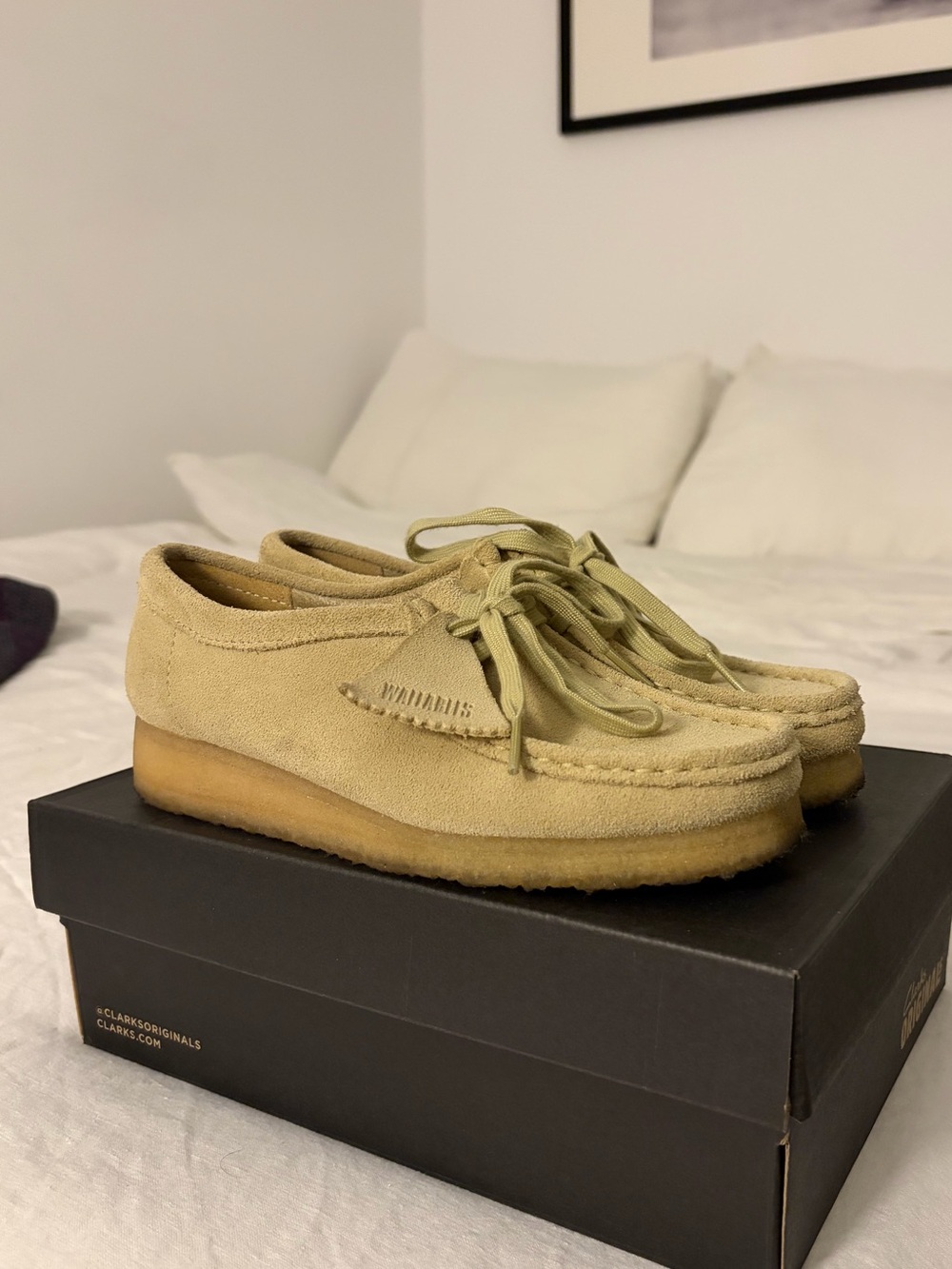 Clarks Wallabee Women’s Suede Loafers in Light Beige